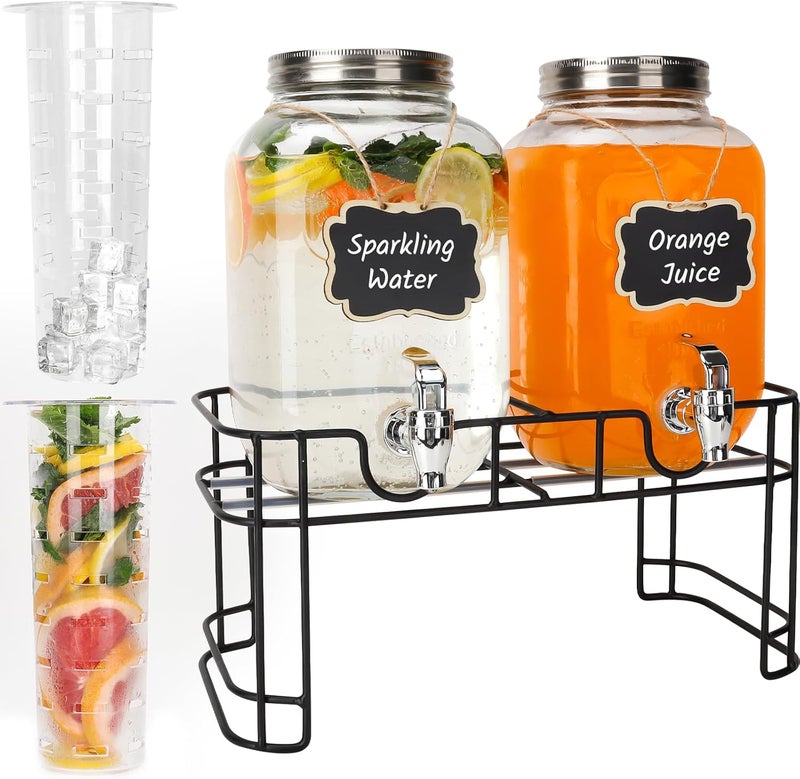 Waymind 1 Gallon Glass Drink Dispensers, 2 Pack Clear Beverage Dispenser with Stand and Spigot for Parties, Drink Dispenser with Ice Core and Sticker for BBQ, Picnic, Lemonade Dispenser - Image 1